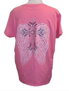 Angel Wings Cross Sparkly Tee Women's Pink Large